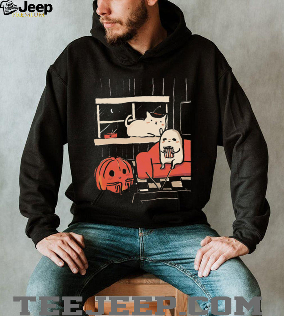 Cute Ghost and Cat Movie Night Halloween Spooky Season Comfort Colors T Shirt