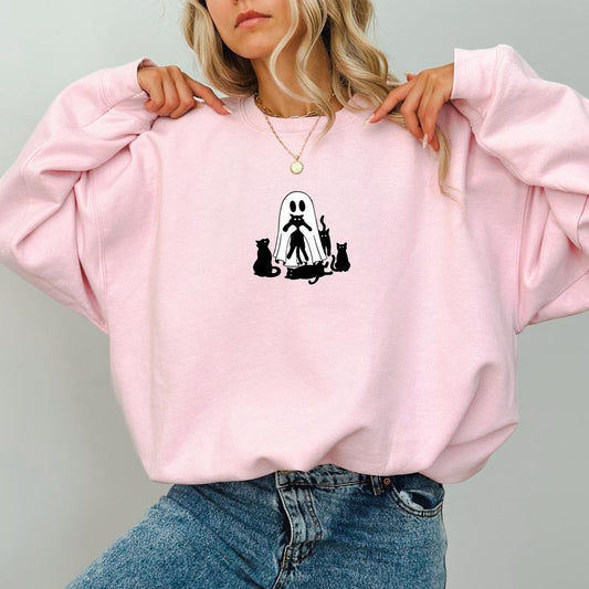Cute Ghost with Cats Sweatshirt, Halloween Boo Cats Tops, Funny Ghost Hugging Black Cat Sweatshirt, Cute Ghost Sweatshirt, Ghost with Black Cats Crewneck For Women, Comfy Long Sleeve Pullover, Cute Women's Tops, Casual Womenswear, Soft Fabric Cotton Tops