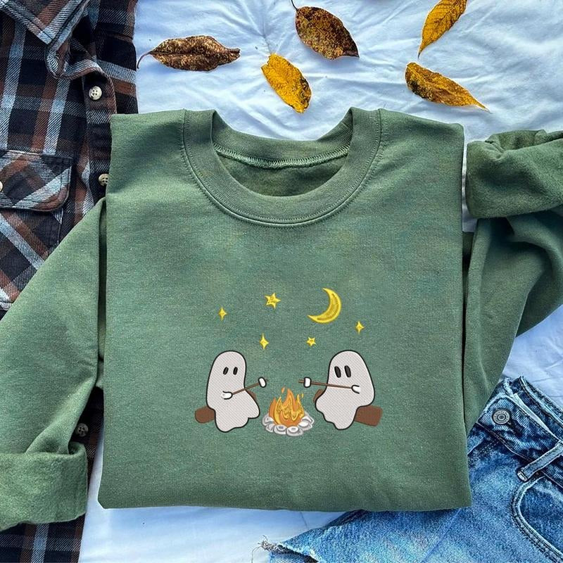 Cute Ghosts Camping Embroidered Sweatshirt, Spooky Season Outdoors Crewneck, Halloween Vintage Embroidery Sweater, Summerween Sweatshirt
