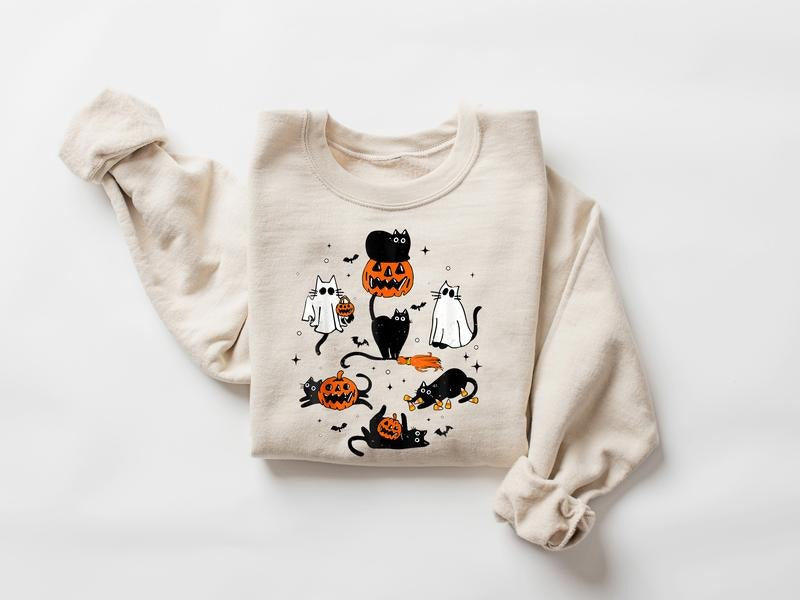 Cute Halloween Ghost Boo Cat Sweatshirt, Ghost Shirt, Retro Black Cat Pumpkin Halloween Sweater, Halloween Cat Shirt, Halloween Pumpkin Shirt, Halloween Pumpkin Cat Shirt, Fall Autumn Halloween Gift Shirt