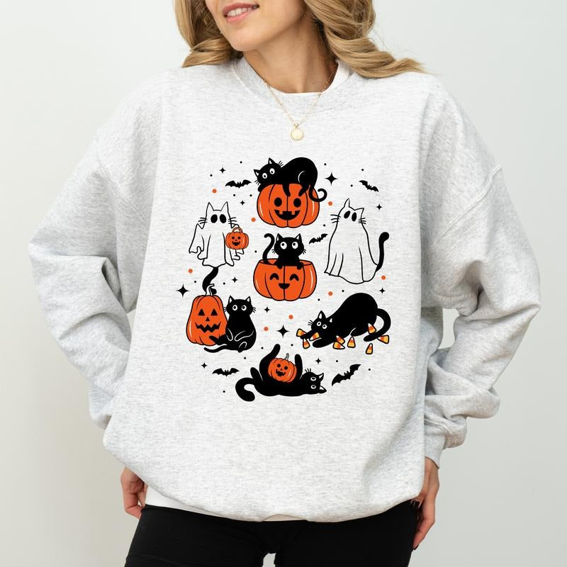 Cute Halloween Ghost Cat Sweatshirt, Halloween Boo Cat Crewneck, Funny Black Cat Sweater, Pumpkin Cat Sweatshirt, Cute Boos Shirt for Girls, Black Cat Lover Gift, Halloween Tee for Cat Mom, Comfy Cotton Long Sleeve Pullover, Womens Tops, Casual Womenswear