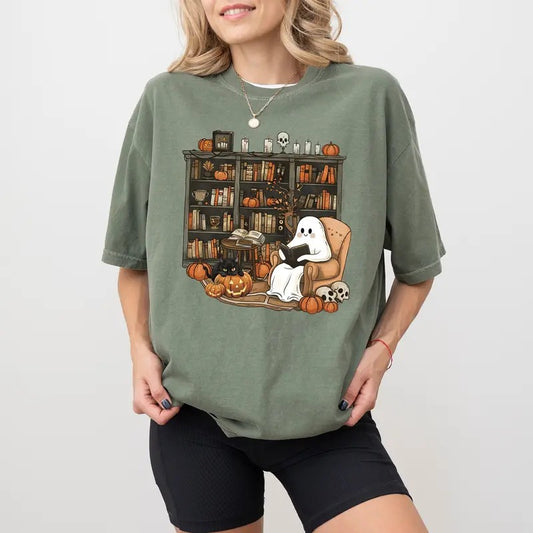 Cute Halloween Ghost Reading Book Shirt, Funny Boo Tee, Retro Ghost T-shirt, Book Lover Gift Shirt, Reading Tee for Girls, Vintage Bookish Tee, Fall Autumn Librarian Shirt, Halloween Teacher Shirt, Spooky Season Tshirt, Comfort Colors Casual Women's Tops