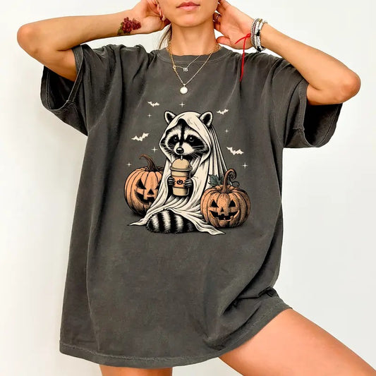 Cute Halloween Raccoon Ghost Coffee Shirt, Cute Pumpkin Ghost Tee for Women, Raccoon Ghost Tshirt, Fall Autumn Shirt for Girl, Coffee Lover Gift, Spooky Season T-shirt, Casual Womenswear, Oversized Women's Tops, Comfort Colors Tees, Relaxed Fit Chic Style