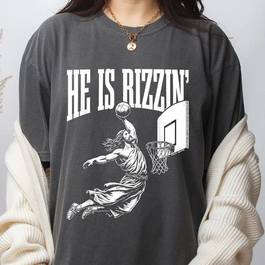 Cute He Is Rizzin' 90s Shirt, Christian Funny Shirt, Jesus Playing Basketball Cotton Top