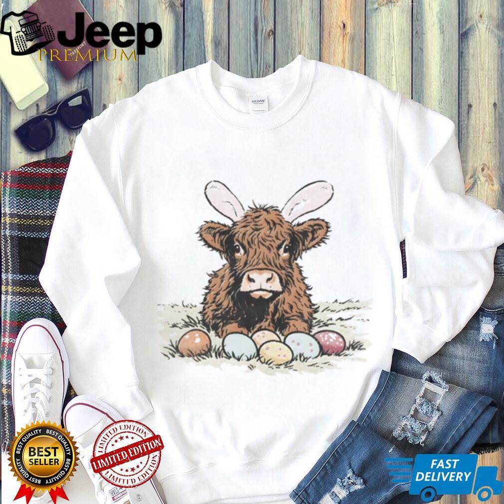 Cute Highland Cow Easter Bunny Ears with Eggs Graphic T Shirt