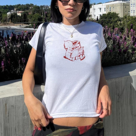 Cute Kewpie Baby Reading Puss in Boots Book to Kitten, Coquette Red Baby Tee, Hand-Drawn Minimalist Tee, Vintage Shirt, y2k