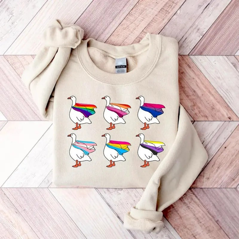 Cute LGBT Goose Sweater, LGBT Shirt, LGBT Gooses Sweatshirt, Rainbow Ally Shirt, Respect Pronouns Day Tees, Silly Goose Shirt, Pride Gift Shirt