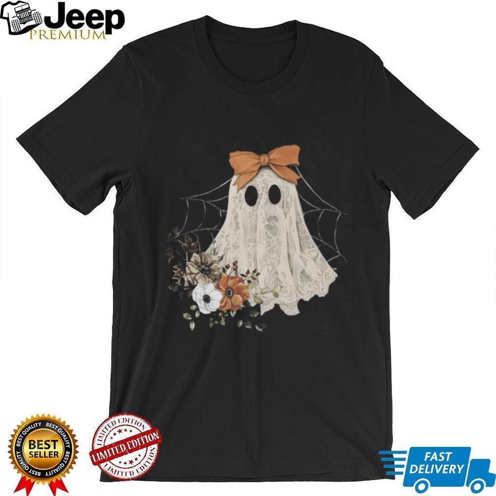 Cute Lace Ghost With Bow And Fall Floral Bouquet Halloween T Shirt