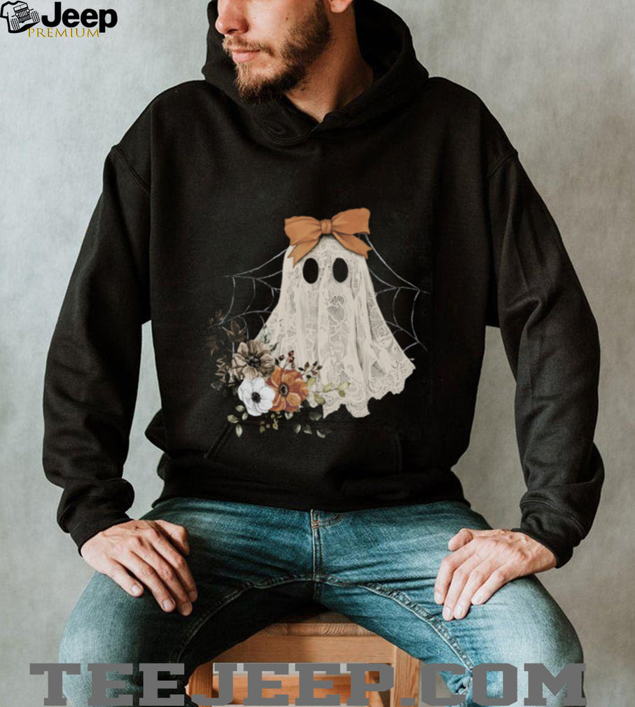 Cute Lace Ghost With Bow And Fall Floral Bouquet Halloween T Shirt