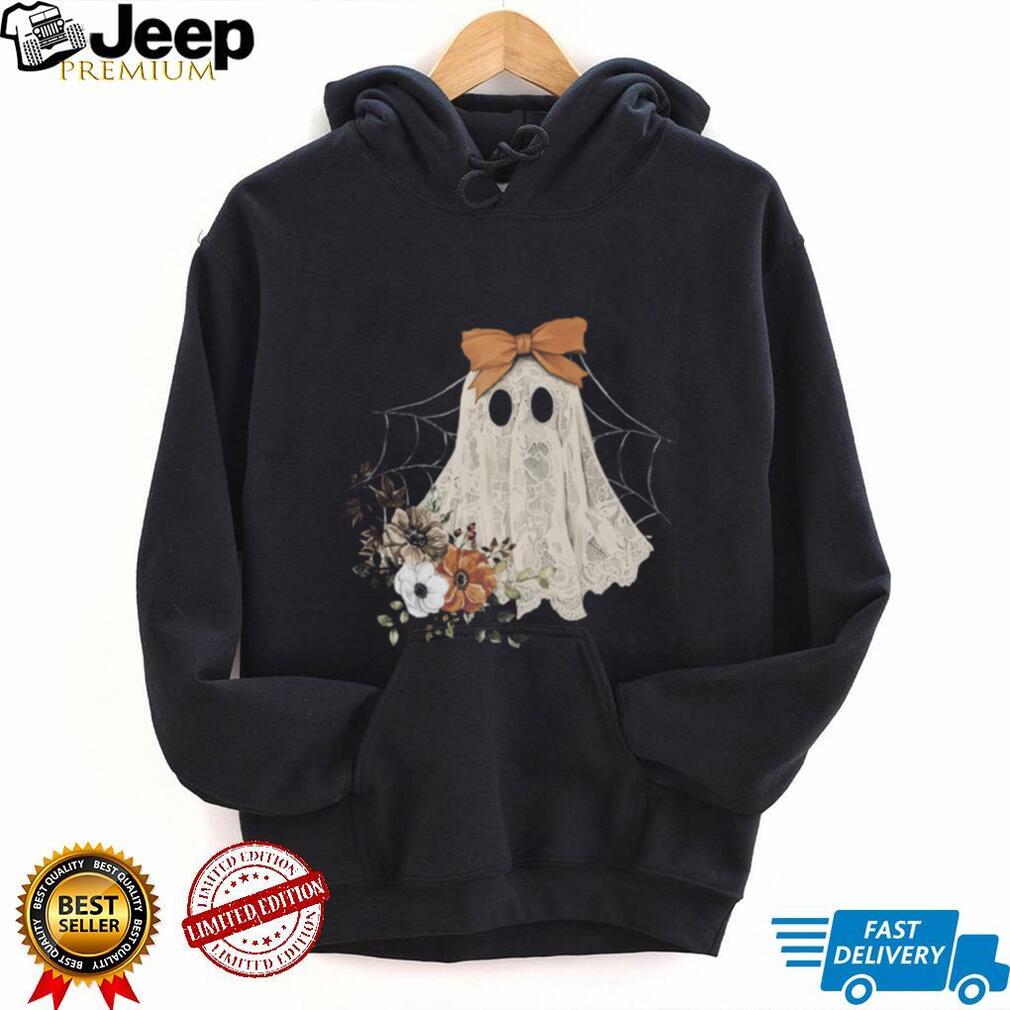 Cute Lace Ghost With Bow And Fall Floral Bouquet Halloween T Shirt