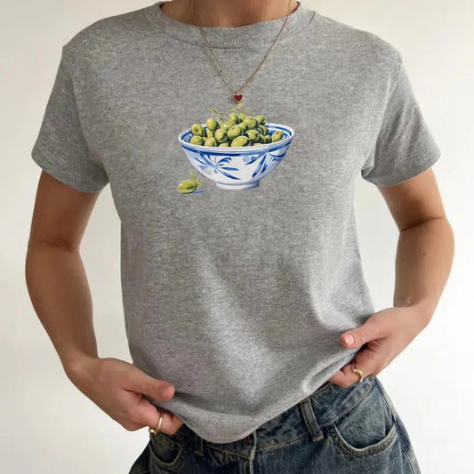 Cute Olive Bowl Baby Tee, Cute Cat Baby Tee, Olive Bow T-Shirt, Y2K Baby Tee, Aesthetic Baby Tee