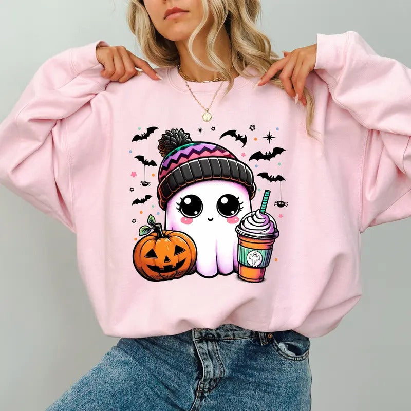 Cute Pumpkin Ghost Coffee Sweatshirt, Ghost Drinking Ice Coffee Crewneck, Halloween Ghost Sweater, Fall Autumn Sweatshirt for Girls, Coffee Lover Gift, Spooky Season Sweater, Cute Women's Tops, Fall Casual Womenswear, Comfort Cotton Fabric Relaxed Top