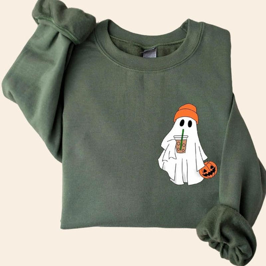 Cute Spooky Coffee Sweatshirt, Trick Or Treat, Womens Ghost Sweatshirt, Spooky Season Vibes, Fall Coffee Lover Shirt,...