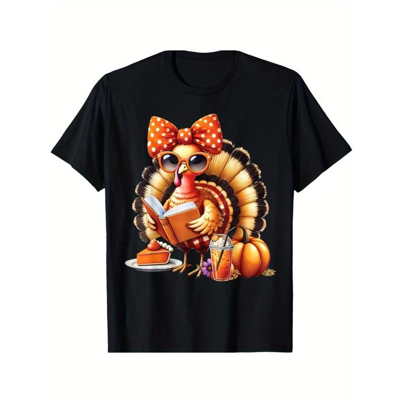 Cute Turkey Reading Book Lovers Thanksgiving Bow T-Shirt, Comfortable, Versatile, Soft and Breathable, Short-sleeved Top Made in USA