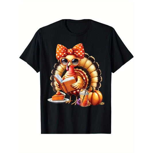 Cute Turkey Reading Book Lovers Thanksgiving Bow T-Shirt, Comfortable, Versatile, Soft and Breathable, Short-sleeved Top Made in USA