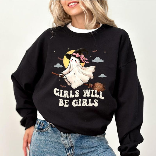 Cute Witch Girls Will Be Girls Sweatshirt, Vintage Witchy Sweater for Women, Halloween Crewneck for Girls, Girl Power Tee, Women's Rights Sweatshirt, Comfy Long Sleeve Pullover, Soft Fabric Unhinged Tees, Comfort Casual Womenswear, Oversized Women's Top