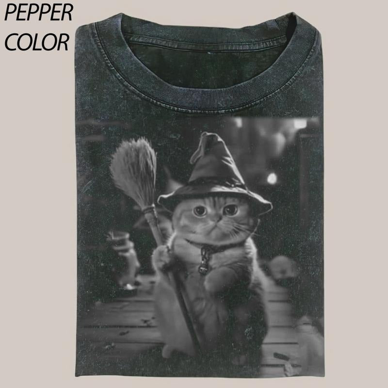 Cute Wizard Cat With Broom Vintage Graphic T-shirt, Cute Witch Cat Tee, Cat Lover Unisex T-Shirt, 90's Style Streetwear Graphic Gift For Men Women