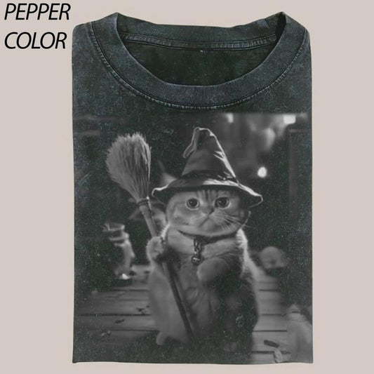 Cute Wizard Cat With Broom Vintage Graphic T-shirt, Cute Witch Cat Tee, Cat Lover Unisex T-Shirt, 90's Style Streetwear Graphic Gift For Men Women
