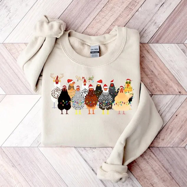 Сute Christmas Chickens Sweatshirt, Christmas Farm Animals Sweatshirt, Womens Christmas Chicken Sweatshirt,Christmas Holiday Sweatshirt Giftstyle{n002}2