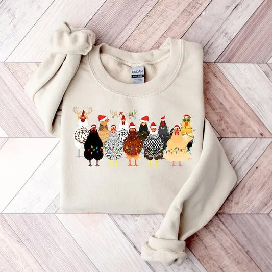 Сute Christmas Chickens Sweatshirt, Christmas Farm Animals Sweatshirt, Womens Christmas Chicken Sweatshirt,Christmas Holiday Sweatshirt Giftstyle{n002}2