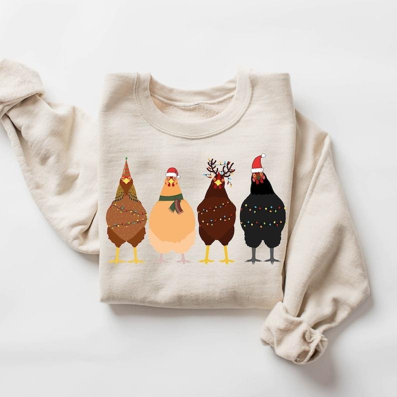 Сute Christmas Chickens Sweatshirt, Christmas Farm Sweatshirt, Funny Christmas Chicken Sweatshirt, Christmas Crewneck, Holiday Sweatshirt, Christmas Hoodie and Sweater; T-shirt Cotton Menswear