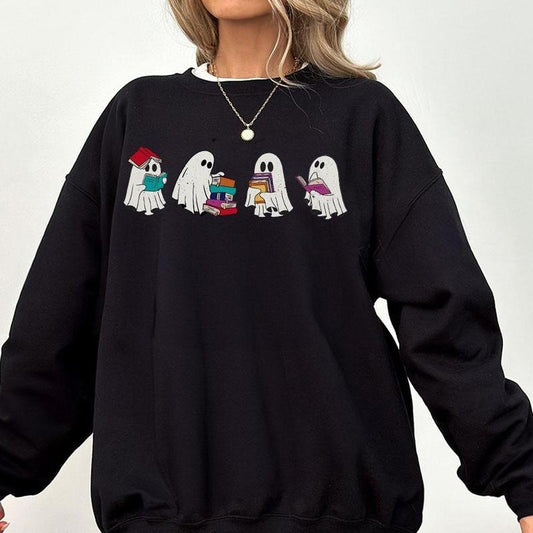 Сute Ghost Book Lover Shirt, Ghost Teacher Tshirt, Book Lover Sweatshirt, Retro Ghost Halloween, Spooky Season Tee, Halloween Tee for Women, Gift for Book Lover, Funny Halloween Teacher Tee, Ghost Boo Sweatshirt, Halloween Gifts for Teacher, Women Top