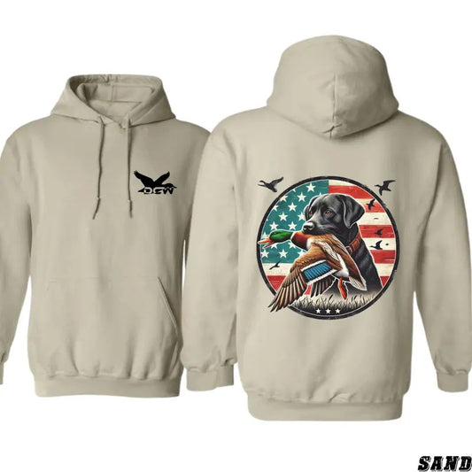 DGW Hunting Hoodie - American Flag and Loyal Retriever with Duck, Perfect for Outdoor Adventures and Waterfowl Enthusiasts