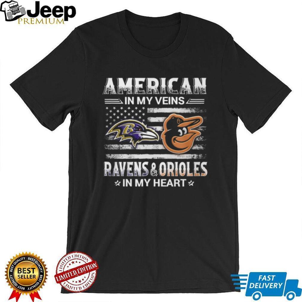 Baltimore Sports Fan American Flag Ravens and Orioles Heart T Shirt