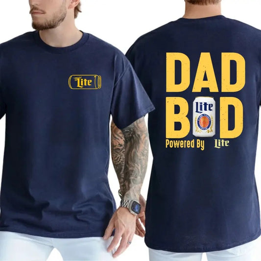 Dad Bod T-Shirt - Fun Beer-Themed Design Featuring Miller Lite Can, 100% Cotton, Casual Style, Perfect for Proud Dads and Beer Lovers - Tops, Menswear Streetwear Tshirt