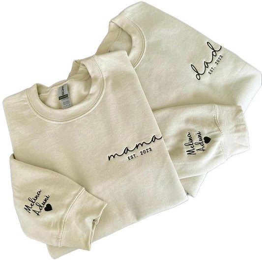 Dad Embroidered Sweatshirt, Custom Mama Shirt With Names, Heart On Sleeve, Daddy Est Year Hoodie, Gift For New Dad, Mother's Day Giftstyle{n002}2