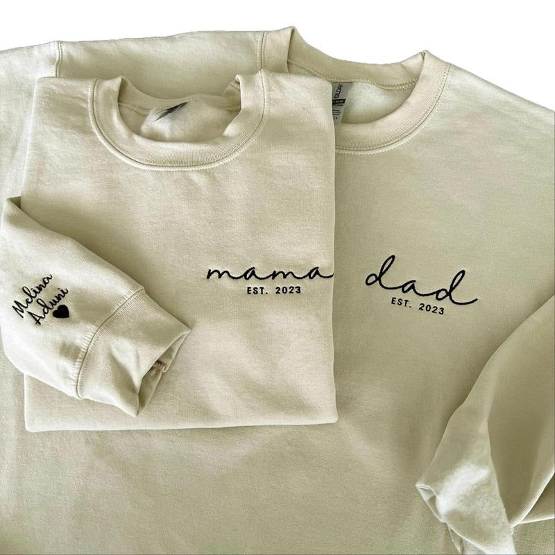 Dad Embroidered Sweatshirt, Custom Mama Sweatshirt With Names, Heart On Sleeve, Daddy Est Year Sweater, Gift For New Dad, Mother's Day Gift