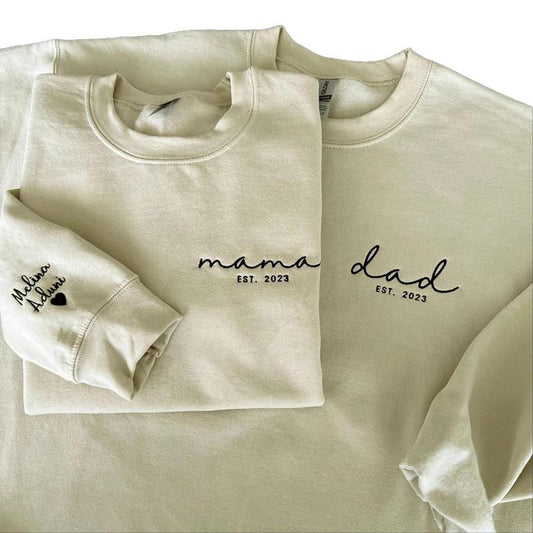 Dad Embroidered Sweatshirt, Custom Mama Sweatshirt With Names, Heart On Sleeve, Daddy Est Year Sweater, Gift For New Dad, Mother's Day Gift