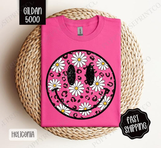 Daisy Floral Happy Face Gildan, Summer Shirt, Oversized Women's Tee, Swimsuit Cover