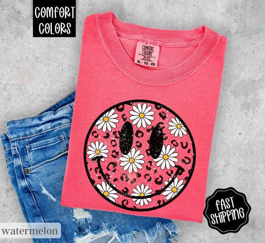 Daisy Floral Happy Face Shirt Comfort Colors, Summer Floral Shirt, Oversized Women's shirt, Swimsuit Cover