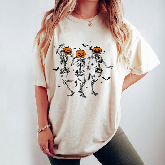 Dancing Skeleton Halloween Shirt, Halloween Skeleton Shirt Family, Pumpkin Skeleton Tee, Funny Skeleton and Pumpkin Halloween Party, Spooky Season Tee for Mama, Thanksgiving Shirt, Cute Fall Shirt, Comfort Shirt for Mom, Autumn Tee for Mama, Women Top