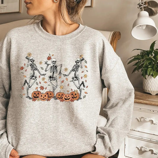 Dancing Skeleton Sweatshirt Pumpkin Sweater Pumpkin Skeleton Shirt Fall Sweatshirt Halloween Party Sweatshirt Spooky Season