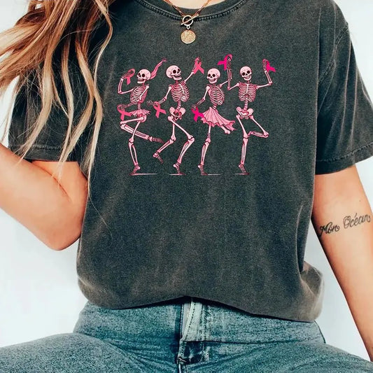 Dancing Skeletons Breast Cancer Shirt, In October We Wear Pink Sweatshirt, Skeletons Pink Ribbon Tee, Breast Cancer Awareness Sweatshirt, Pink Ribbon Shirt, Breast Cancer Support Gift Crewneck, Ribbon Breast Cancer Sweater