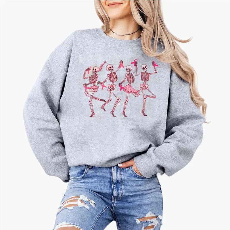 Dancing Skeletons Breast Cancer Shirt, Skeletons Pink Ribbon Tee, Breast Cancer Halloween Shirt, Funny Halloween Shirt, Breast Cancer Gift, Full Size, Full Color