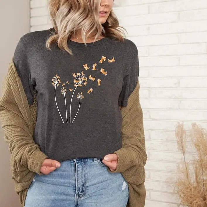 Dandelion Corgi Flower T-shirt, Cute Dog Lovers Gift Shirt, Gift For Dog Mom, Funny Dog Shirt, Dog Owner Women Shirt, Pet...