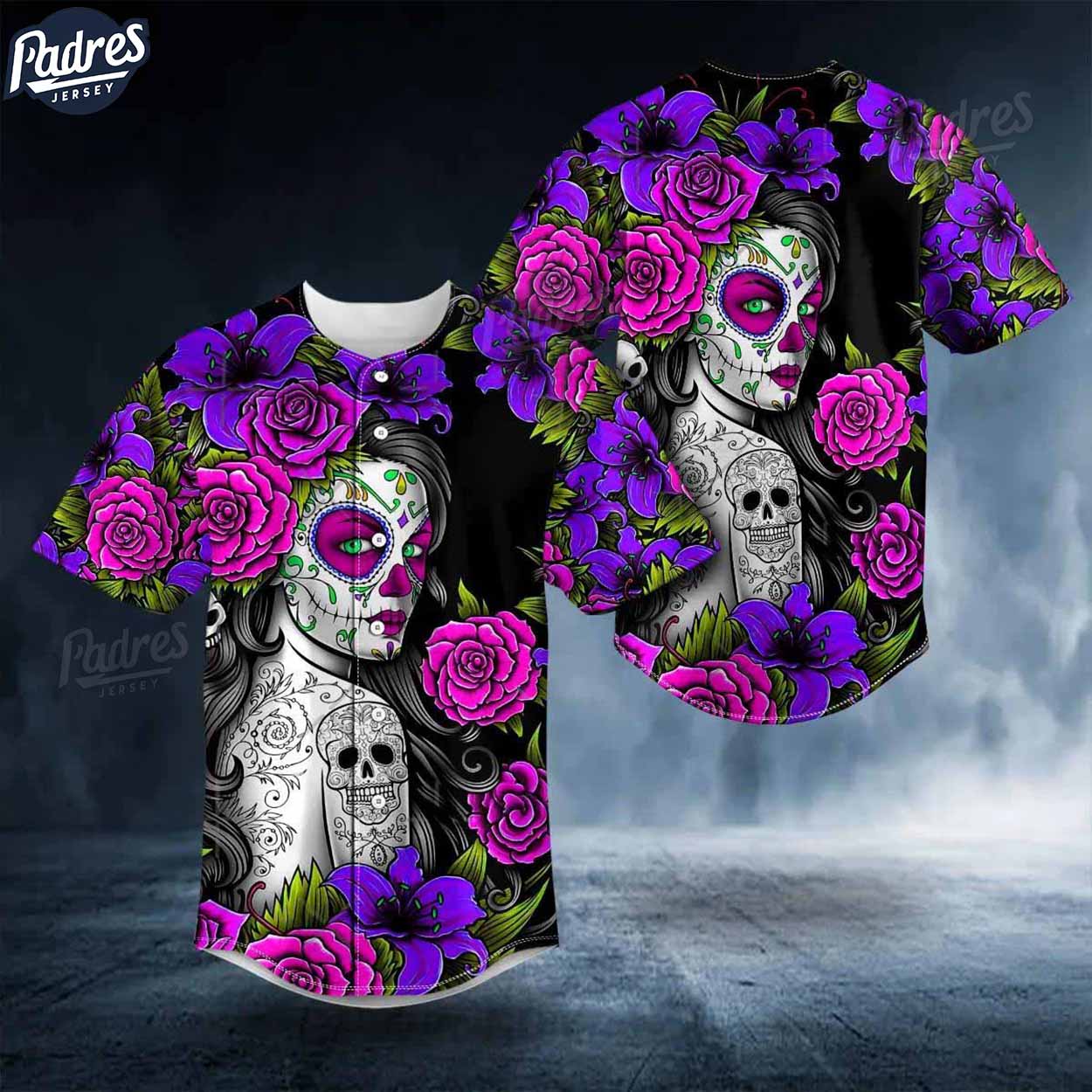 Day Of The Dead Pattern Sugar Girl Skull Baseball Jersey - Padres Jersey Oasis: Elevate Your Baseball Style Game...