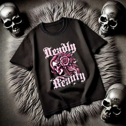 Deadly Beauty -  Black Crewneck Sweatshirt, T Shirt, or Hoodie Pullover | Punk, Alt, Grunge, Goth, Skeleton Style