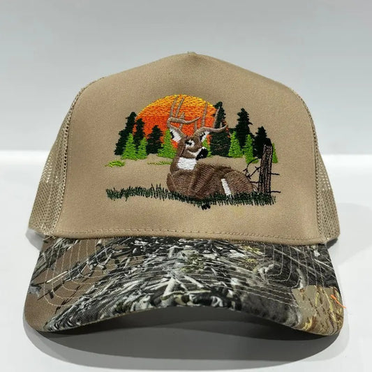 Deer Scenery Khaki Mesh CAMO Camouflage Brim SnapBack Trucker Hat Deer Hunting Cap Custom Embroidered