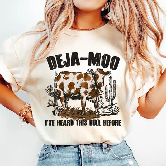 Deja Moo T-Shirt, Heard this Bull Before shirt, Country Western Shirt, Retro Vintage Cowgirl tee, Cowgirl Shirt, Cowgirl Western Electric Shirt, Unisex T-shirt, Gifts for Women, Short Sleeve Cotton Casual Shirt Comfort Crewneck Fabric Fashion