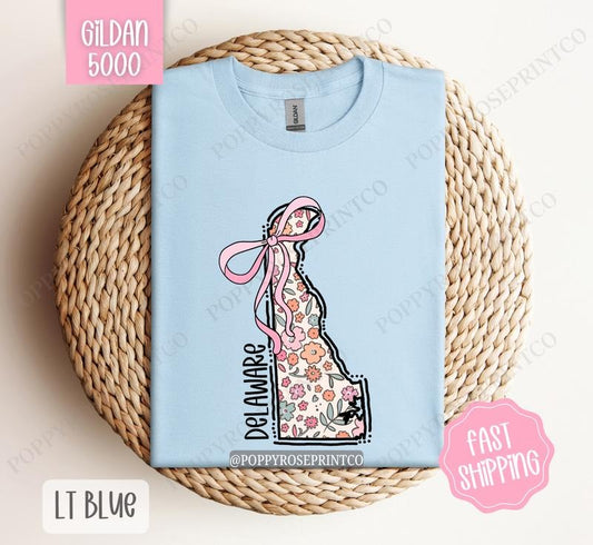 Delaware Gildan T-shirt, Cute Delaware State Shirt, Delaware Floral Bow Tee