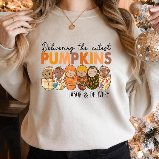 Delivering Cutest Pumpkins Labor Delivery Nurse Thanksgiving Women T-shirt Unisex Cotton Fabric