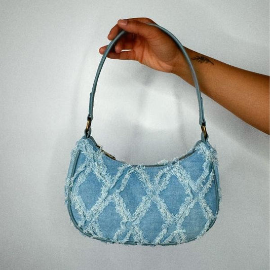 Denim Distressed Shoulder Bag with Top Handle and Secure Zip Closure