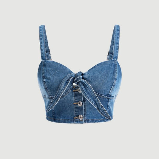 Denim Tank Top Knot Tie Front Button Down Sleeveless Crop Top ShirtY2K