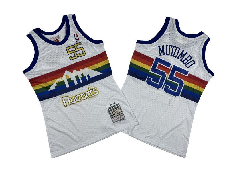 Denver Nuggets #55 Dikembe Mutombo Nuggets 55 # White 91-92 Season Mitchell Retro Jersey -- Dikembe . Mutombo Style 1