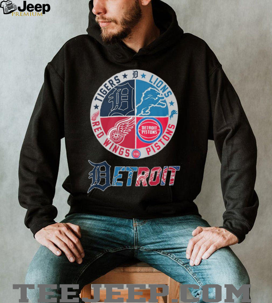 Detroit 4 Way Sports Crest T Shirt Tigers, Lions, Red Wings, Pistons Logo