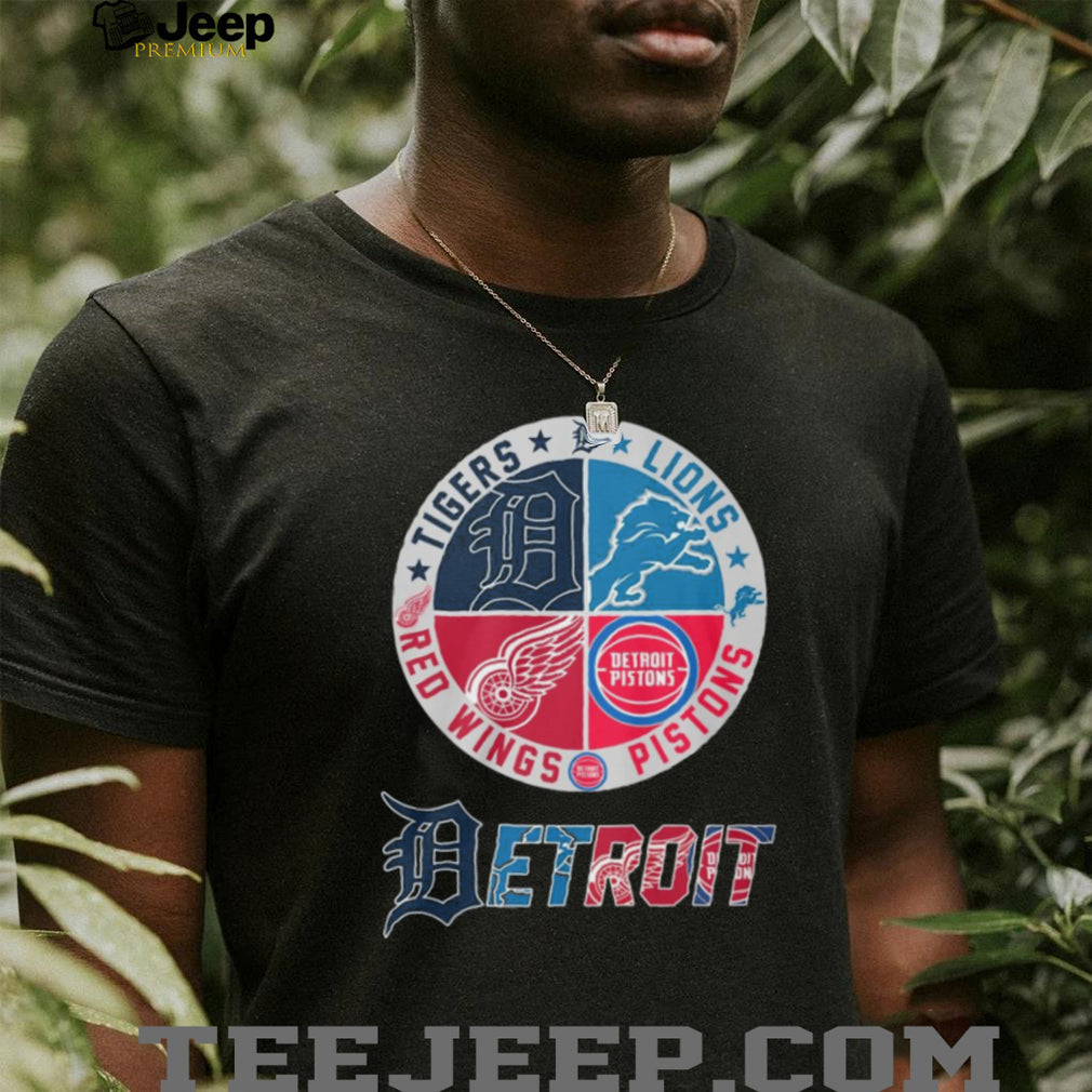 Detroit 4 Way Sports Crest T Shirt Tigers, Lions, Red Wings, Pistons Logo